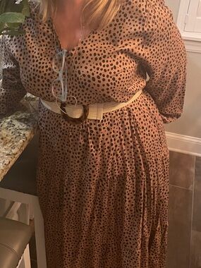 Polka Dot Long Sleeve Tiered Maxi Dress in Taupe